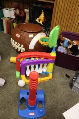 Little Tikes Football Toy Box, Bowling Game, and Batting Game