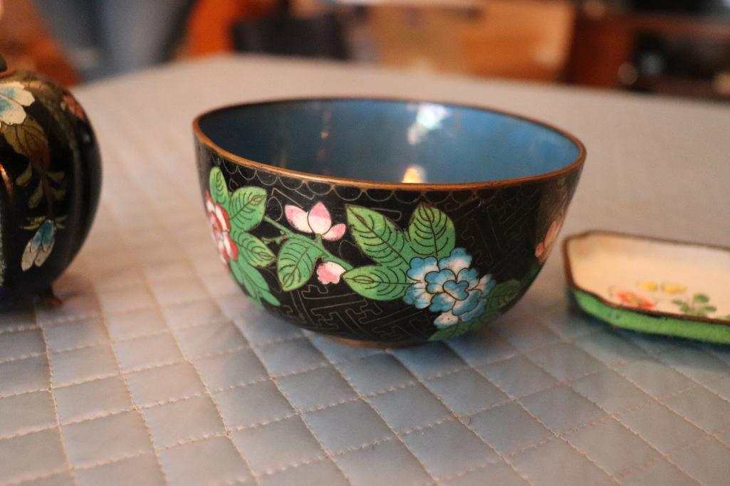 (3) Misc.Cloisonne- Small Bowl, Incense Burner, Small Tray,