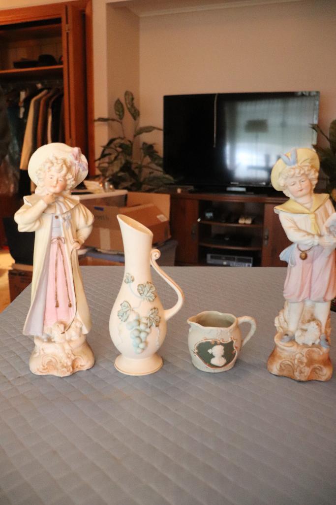 Vintage lot of bisque figurines including vase