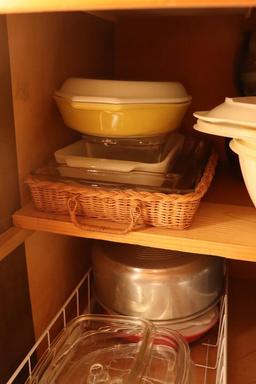 Contents of cabinets including pie pans, casserole dishes, Pyrex, etc.