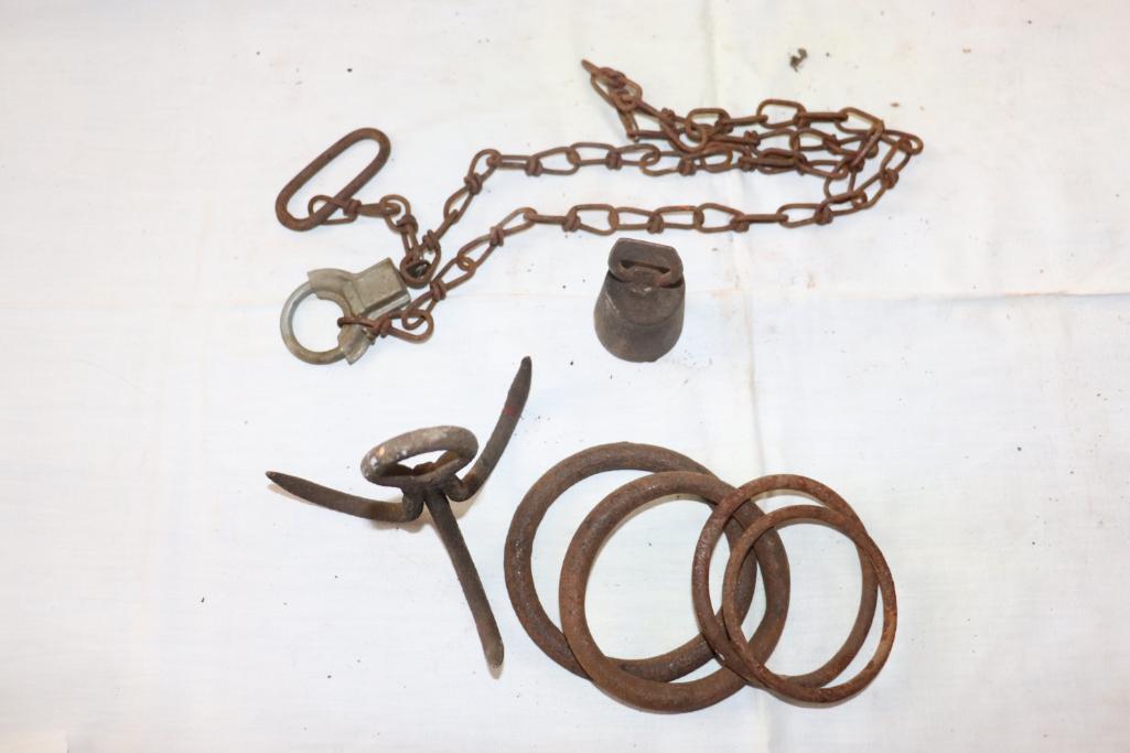 Lot of vintage metal items including hook, weight and iron rings