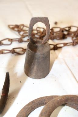 Lot of vintage metal items including hook, weight and iron rings