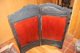 Vintage Wooden Hand-Carved Fire place Screen with Etched Glass Inserts