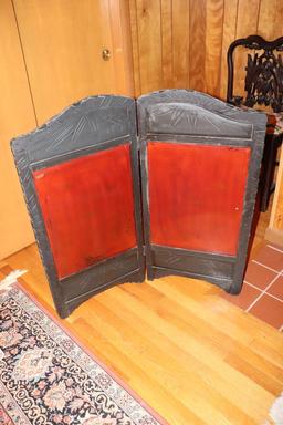 Vintage Wooden Hand-Carved Fire place Screen with Etched Glass Inserts