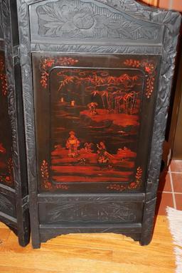 Vintage Wooden Hand-Carved Fire place Screen with Etched Glass Inserts
