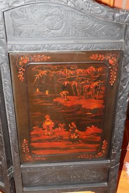 Vintage Wooden Hand-Carved Fire place Screen with Etched Glass Inserts