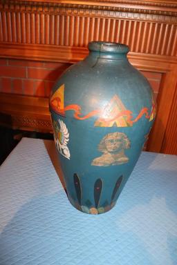 Vintage Stoneware Vase With Hand-Painted Egyptian Motif