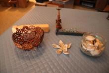 Misc. lot including Wooden Whistle, Seashells, Walnut Shell Bowl and Metal Railroad Spike