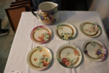 Antique Limoges Hand-painted Blackberries Pitcher and 6 Asst?d. Dessert Plates