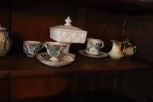 Miscellaneous Antique China Cup and Saucers, Milk Glass Honey Server, etc.