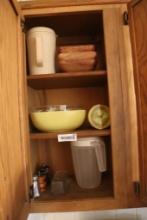Contents of cabinets including Pyrex, wooden bowls, salt shakers