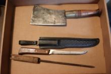 Flat of knives, knife sharpener and meat cleaver