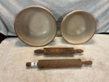 pair of nested stoneware mixing bowls & (2) wooden rolling pins