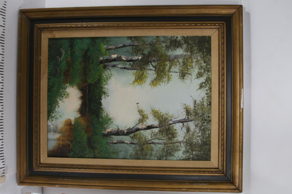 Oil Painting of Small Reflective Pond Surrounded By Trees by N. Cox 32 tall 26 wide