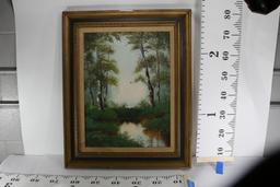 Oil Painting of Small Reflective Pond Surrounded By Trees by N. Cox 32 tall 26 wide