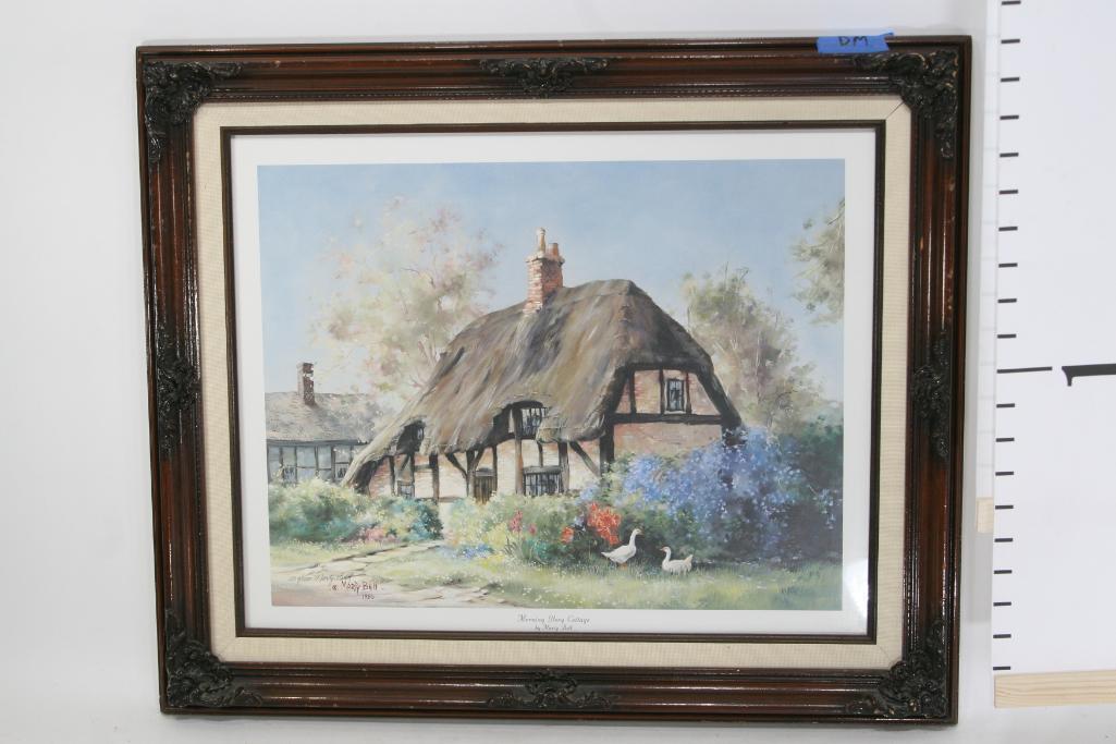 Framed Art Morning Glory Cottage by Marty Bell 1986 24 x 18"