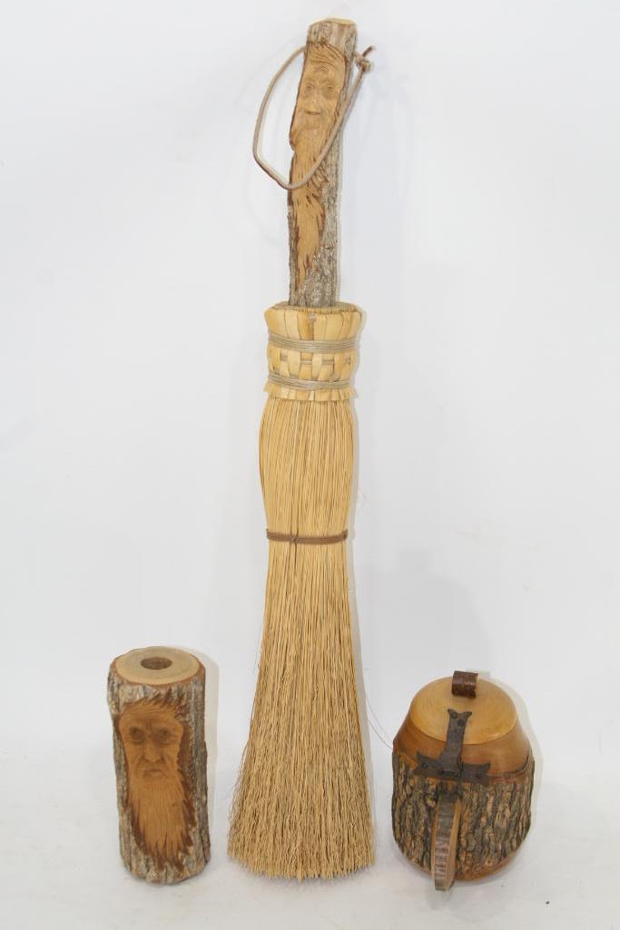 Handcrafted Wooden Sculpture design in broom Stick, Cup with attached Lid etc 3 units