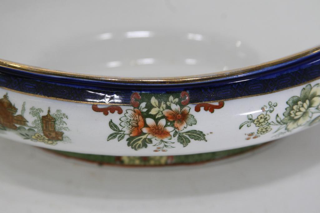 Antique Royal Doulton Burslem Oval Dishw/Lid Madras England Floral Design Gold Trim 11.5x7.5x5"
