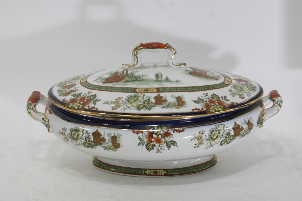 Antique Royal Doulton Burslem Oval Dishw/Lid Madras England Floral Design Gold Trim 11.5x7.5x5"