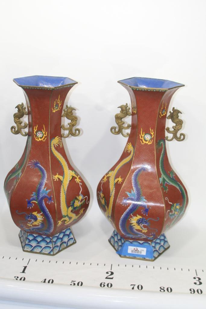 Asian Flower Vase Handpainted Dragon 14 lbs each 2 units