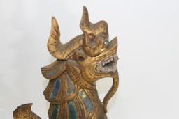 Gold Painted Sitted Wooden Dragon with Jewels/Stone. L 16"x H 11" X W 4", 6 lbs