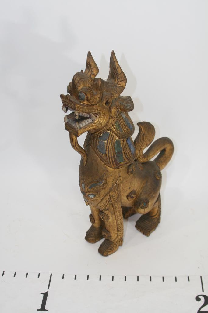 Gold Painted Sitted Wooden Dragon with Jewels/Stone. L 16"x H 11" X W 4", 6 lbs