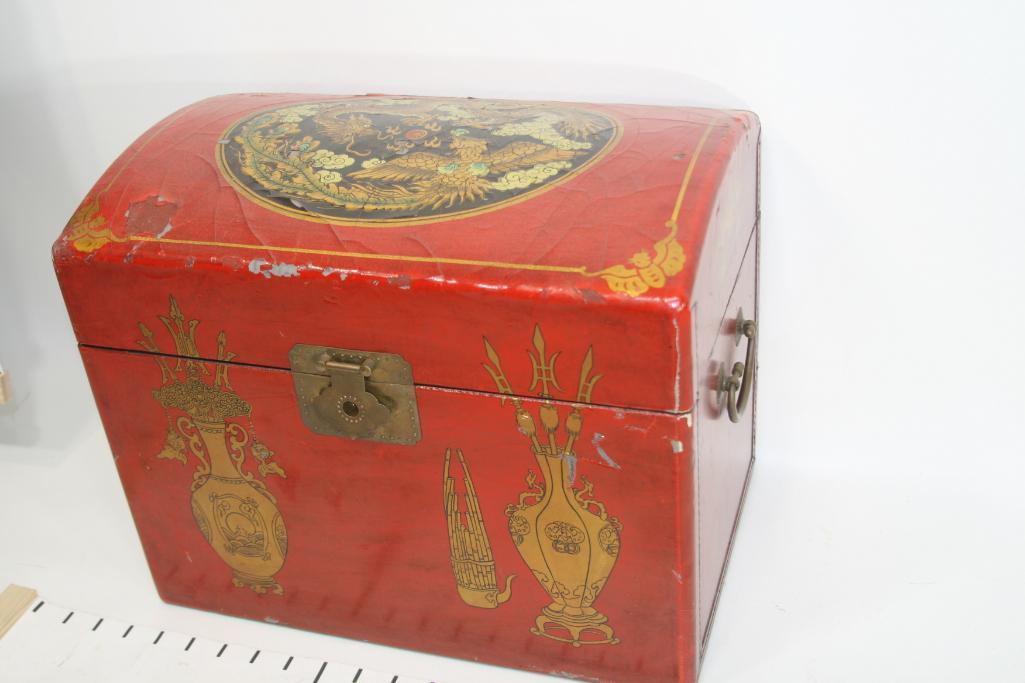 Small Red Wooden Asian Traveling Chest Storage Box L 16" W 11" H 10", 11 lbs