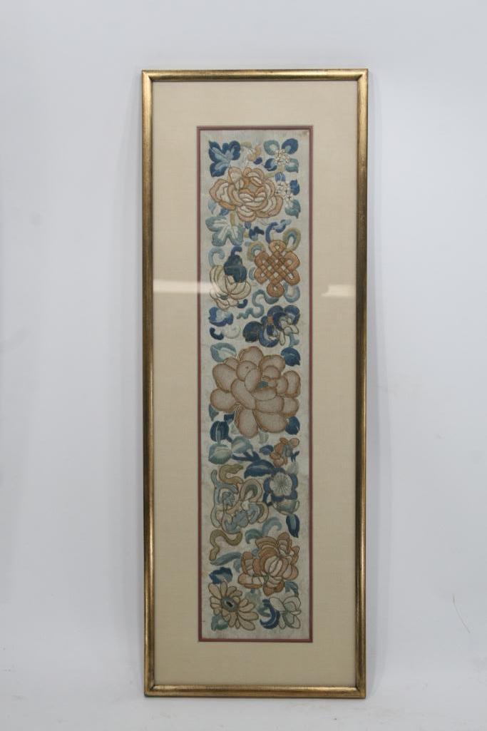 Antique Asian embroidered silk stitched tapestry blind stitch gold-like thread 1 unit 24" Tall