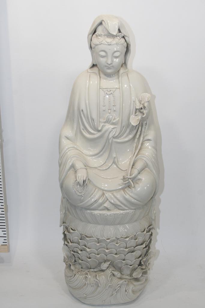 Gautama Buddha Seated in Flower Pedestal Statue Porcelain/Ceramic Approx 3 ft