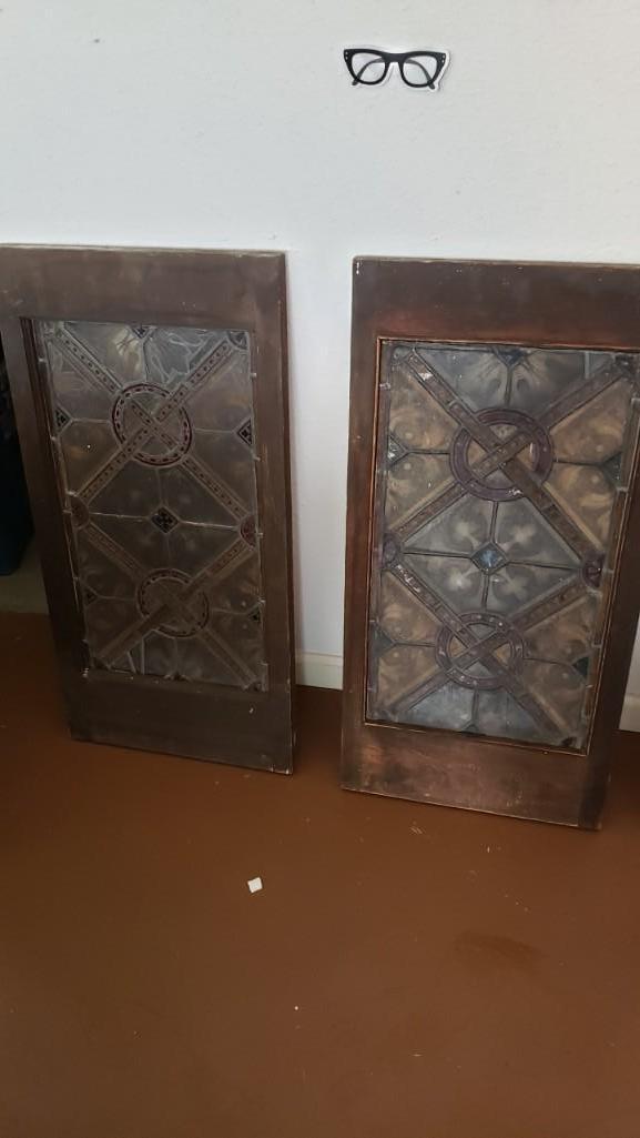 Stained Glass windows in wooden frame maybe 17th 16th century 36" x 18"