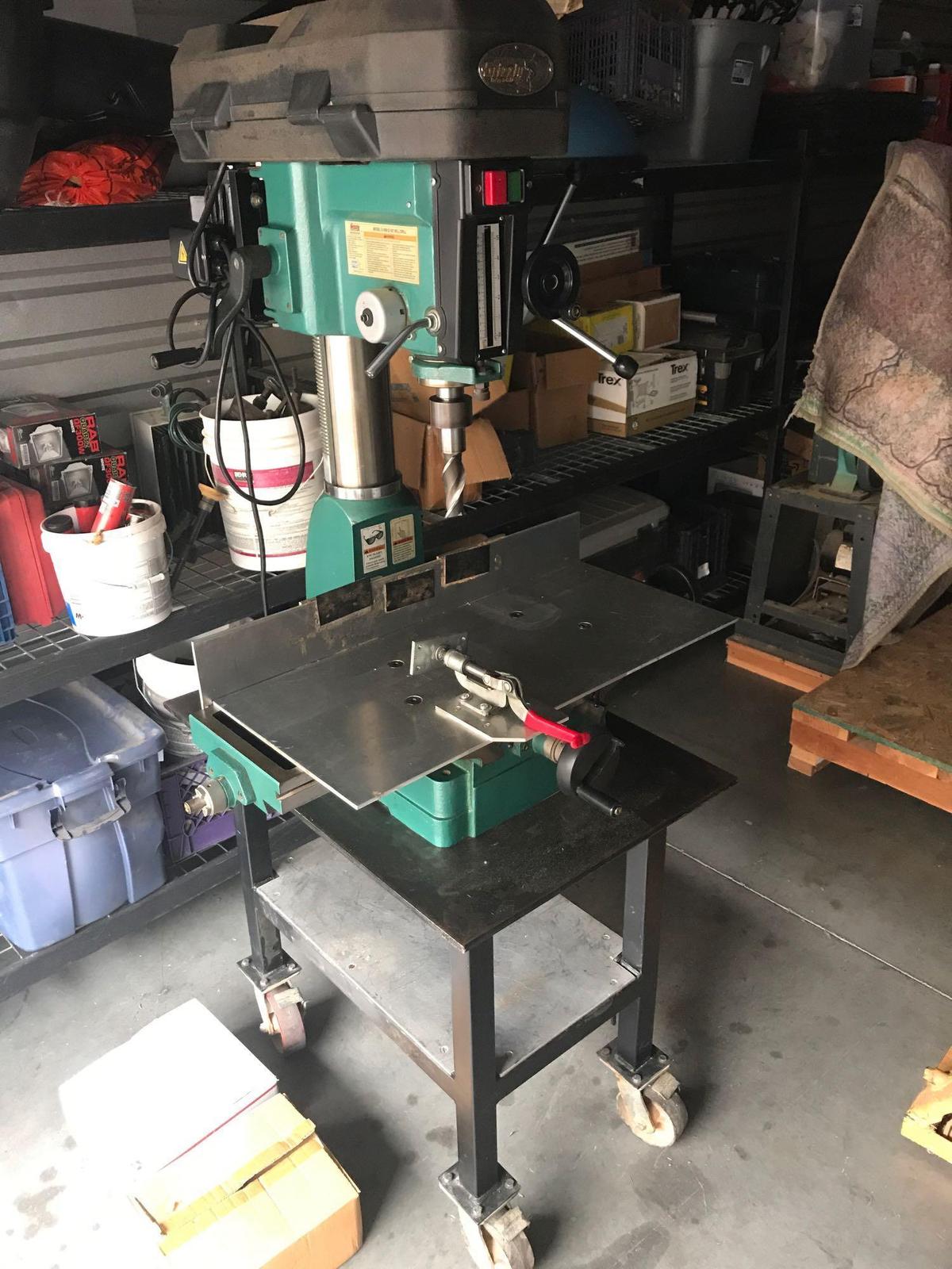 Grizzly Industrial Drill Press on Rolling Cart 15 Bits 110/220v 2HP Works see video.