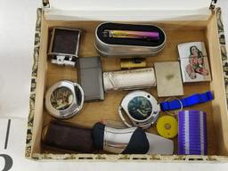 Arturo Fuente Cigar Box with Various Zippos, Lighters Black Cigar Case and Cigar Ash Tray