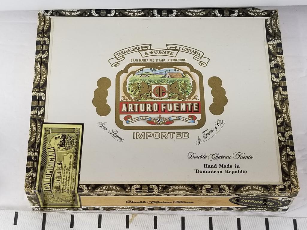 Arturo Fuente Cigar Box with Various Zippos, Lighters Black Cigar Case and Cigar Ash Tray