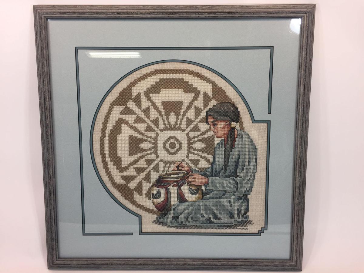 Custom Framed Native American Themed Cross Stitch 22in x 22in
