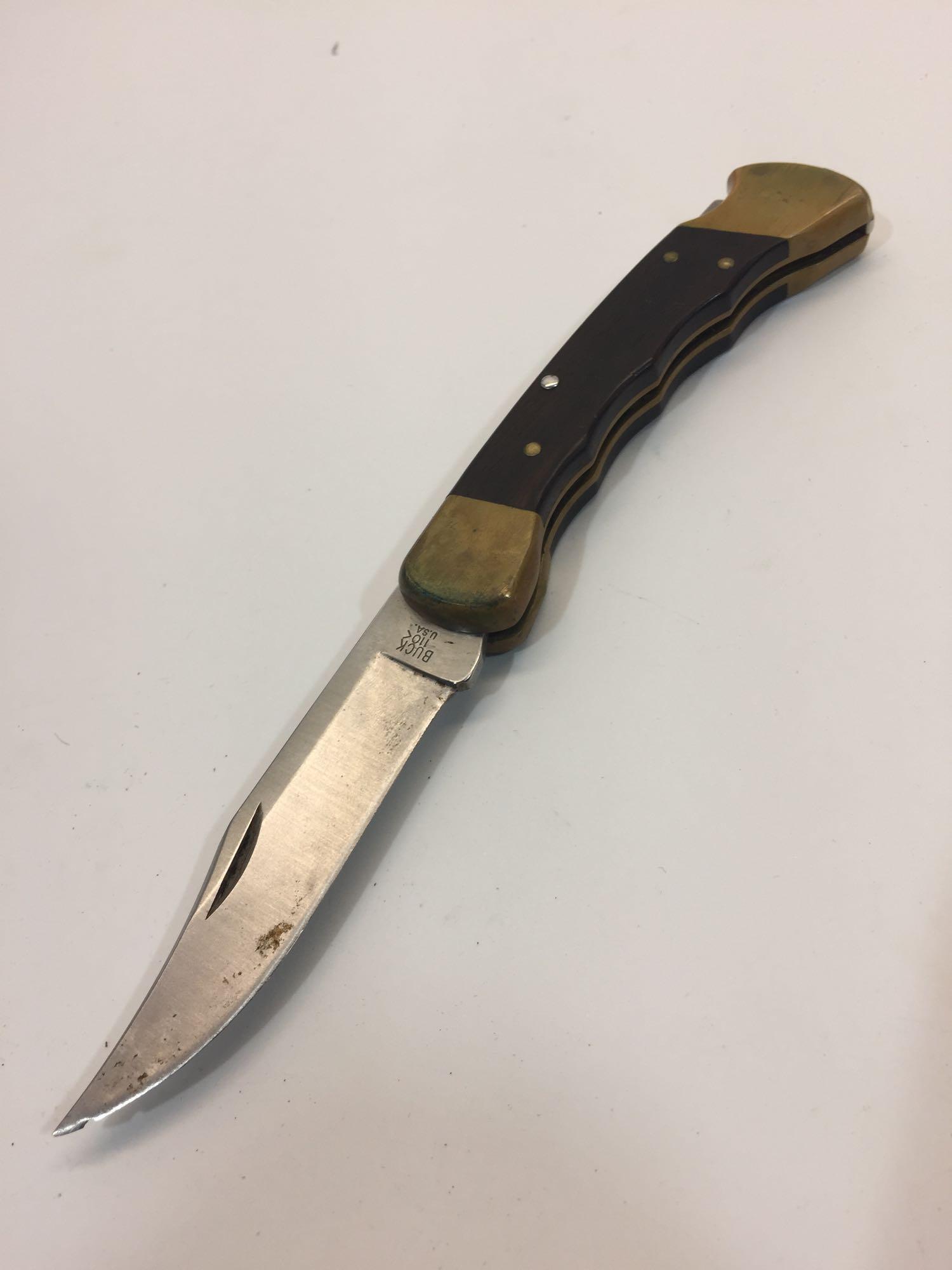 Buck 110 USA Stainless Steel Folding Knife w/ Original Leather Sheath