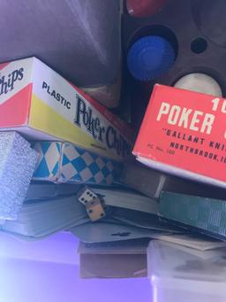 Box Full of Vintage Poker Chips Cards Dice