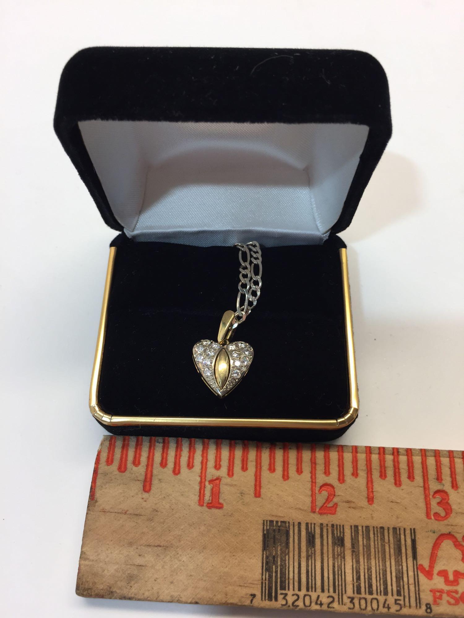 Russian Diamond and 18k Gold Heart Necklace w/ 925 Silver Chain