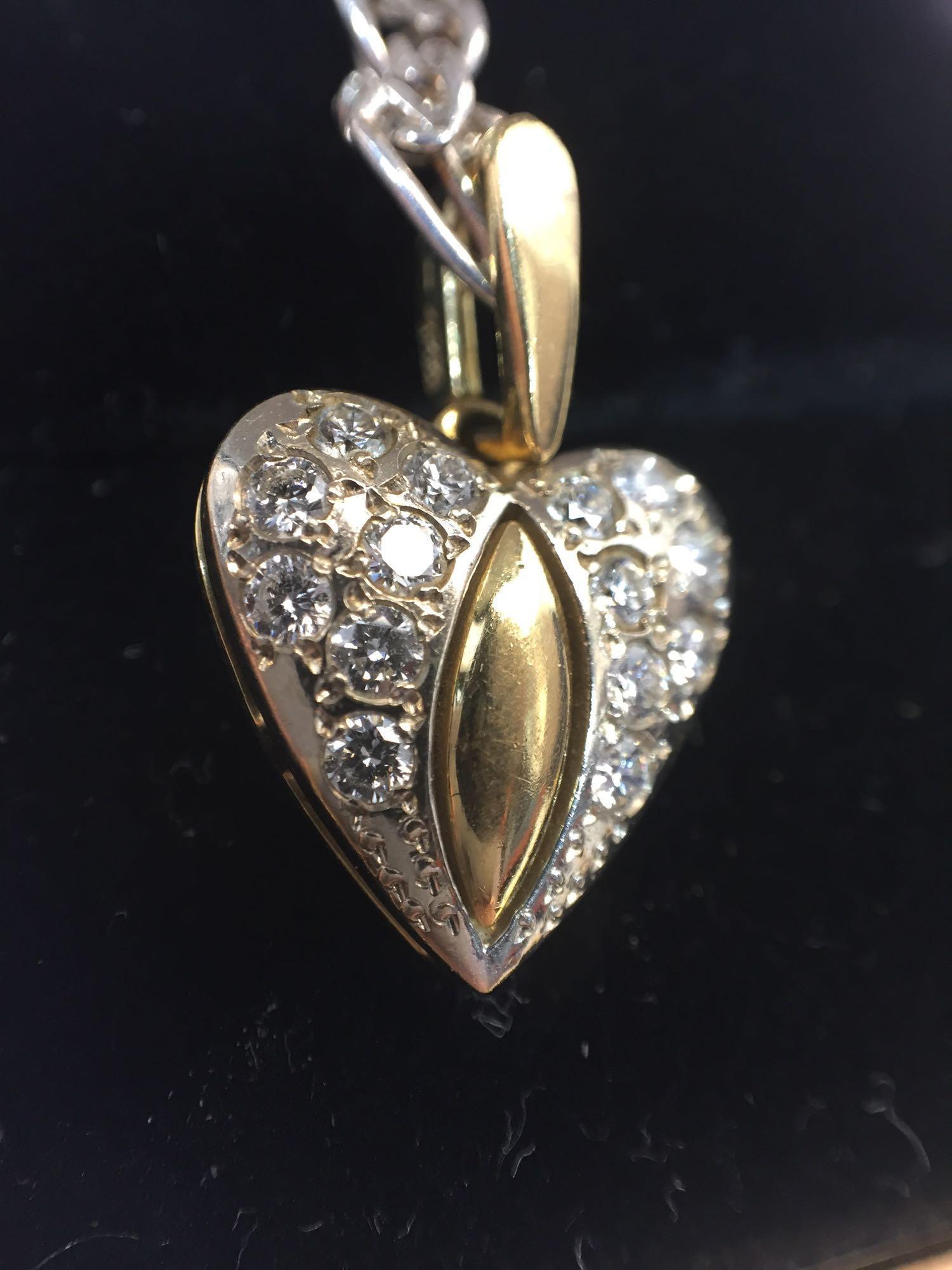 Russian Diamond and 18k Gold Heart Necklace w/ 925 Silver Chain