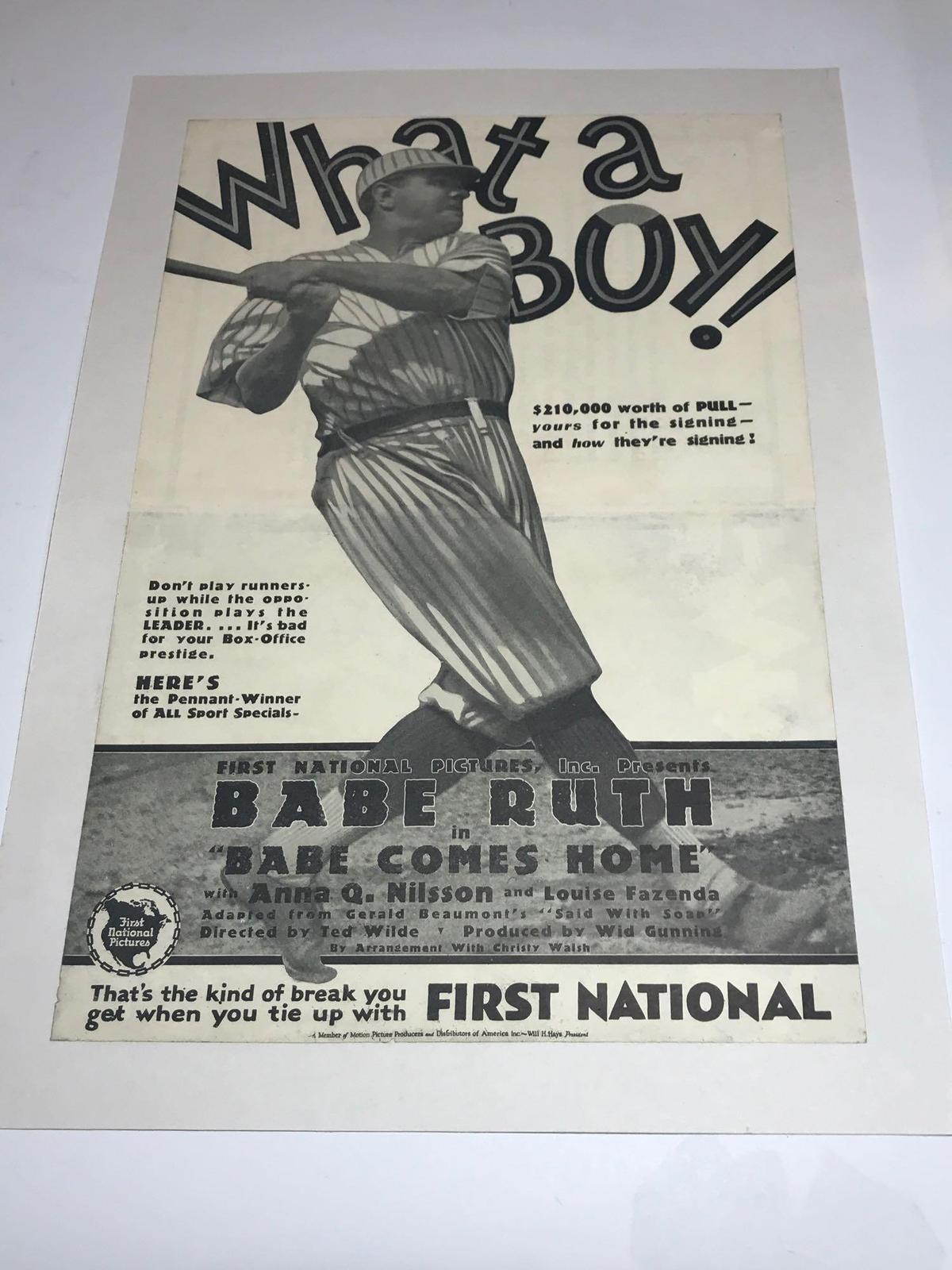 Babe Ruth 1927 Movie Poster Babe Comes Home