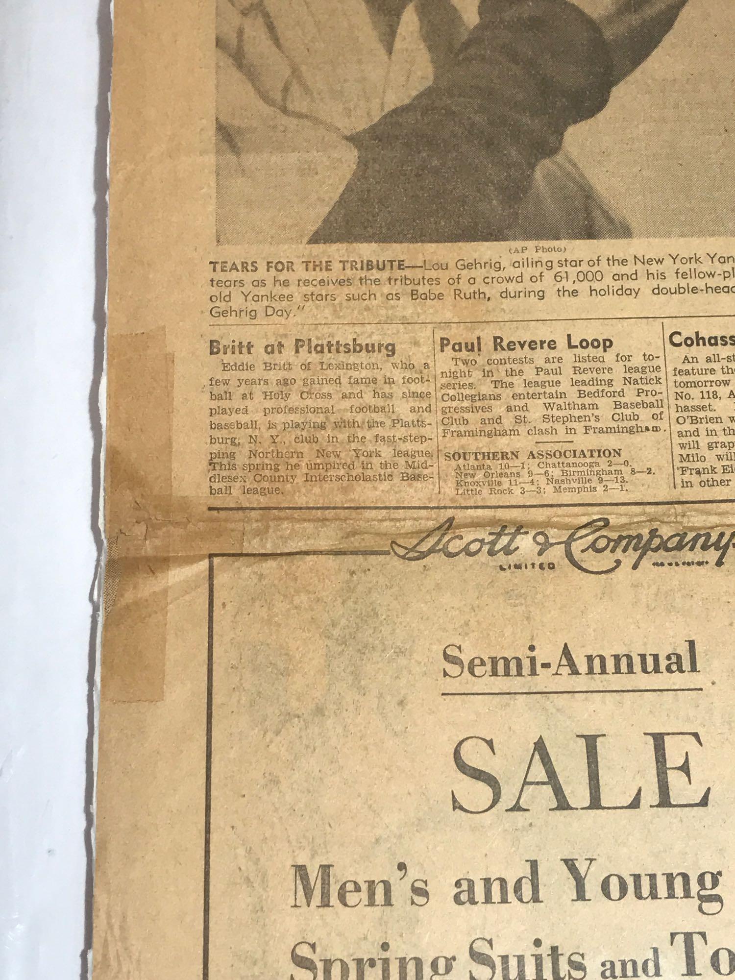 July 5th 1939 Newspaper Lou Gehrig Retirement