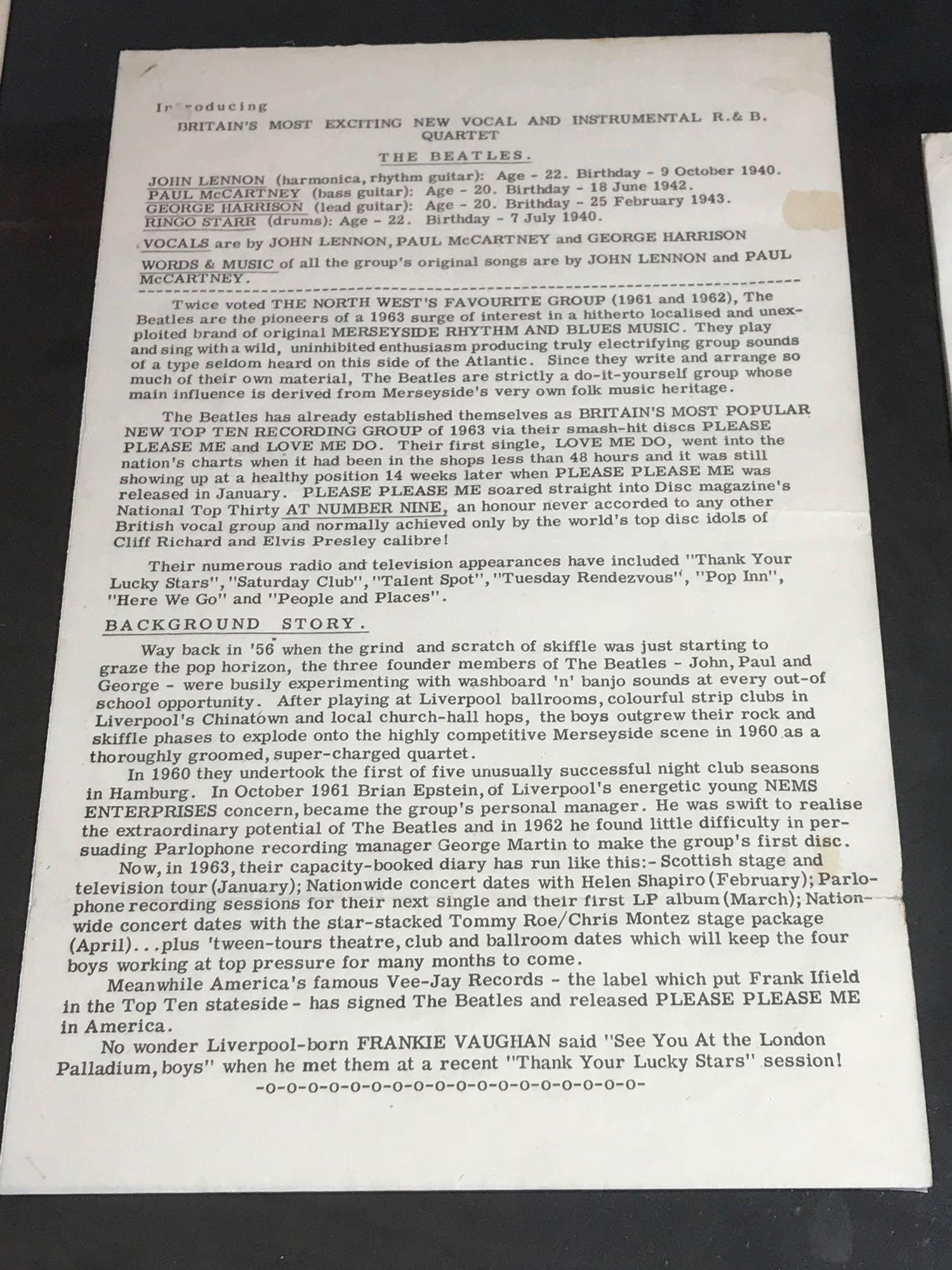 The Beatles Pamplets Handed Out To Journalist Before a Show Framed