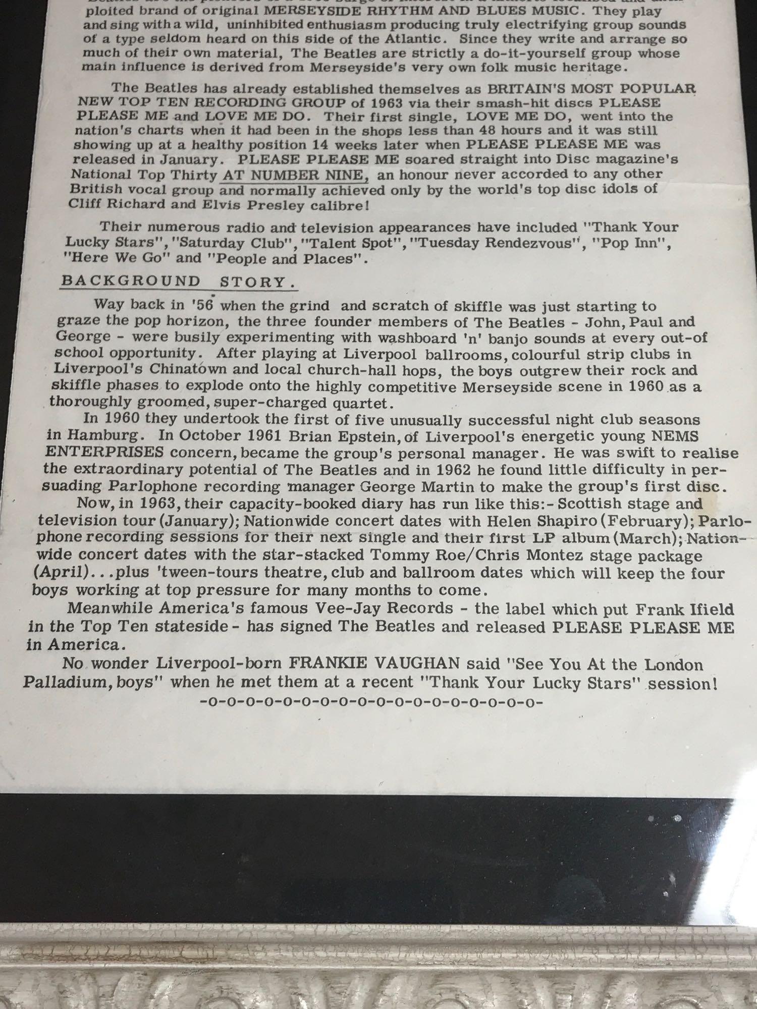 The Beatles Pamplets Handed Out To Journalist Before a Show Framed