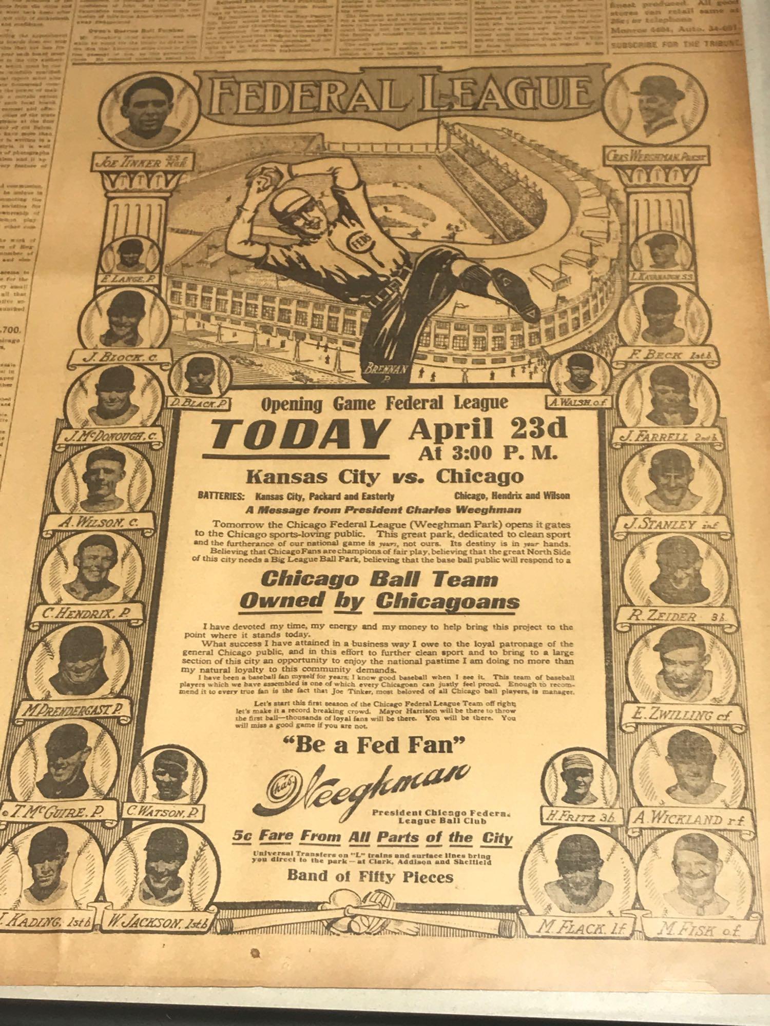 1914 Newspaper Opening Game Federal League Chicago