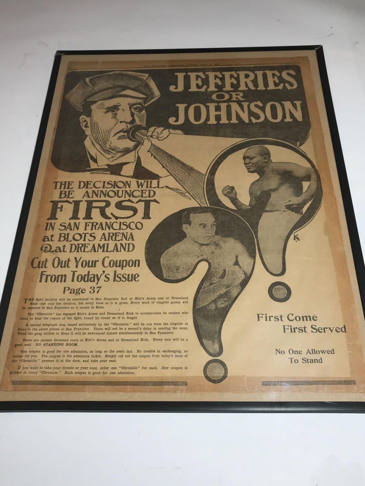 1910 Newspaper Jeffries Or Johnson Boxing Framed