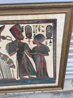 Framed Papyrus Artwork 3.5ft Tall 6.5 Wide - King Tut and Wife Crossing the Nile by Adel Ghabour