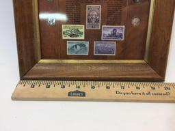 Framed Collection of Mercury Dimes & Vintage Stamps 10x12.5in