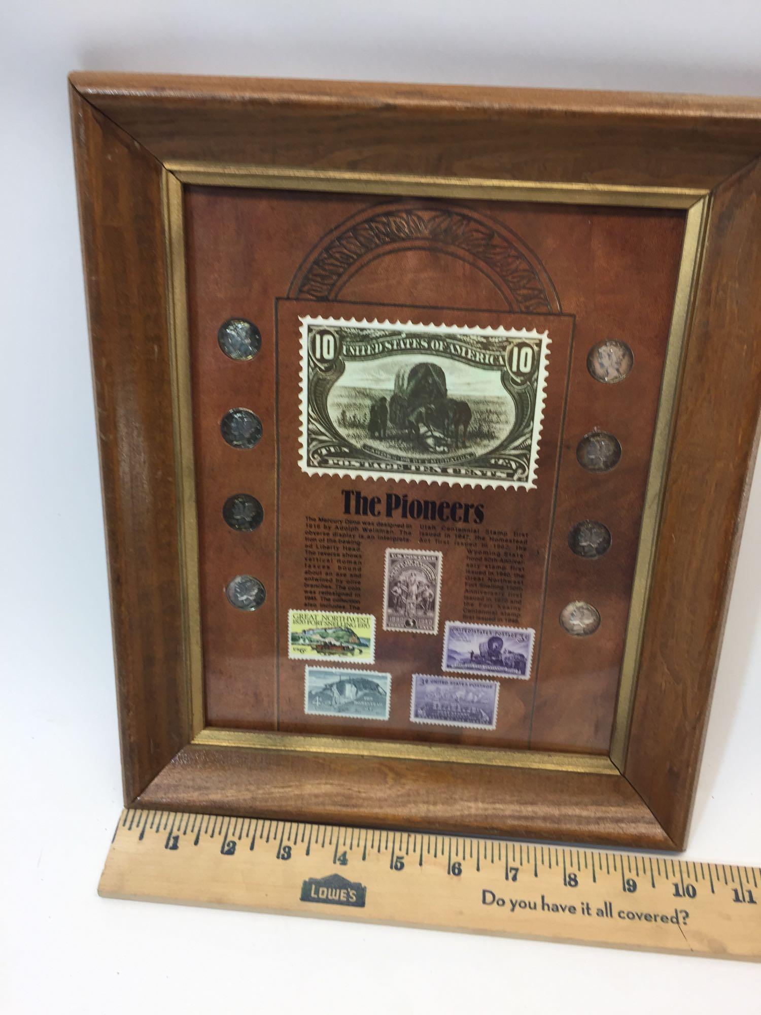 Framed Collection of Mercury Dimes & Vintage Stamps 10x12.5in