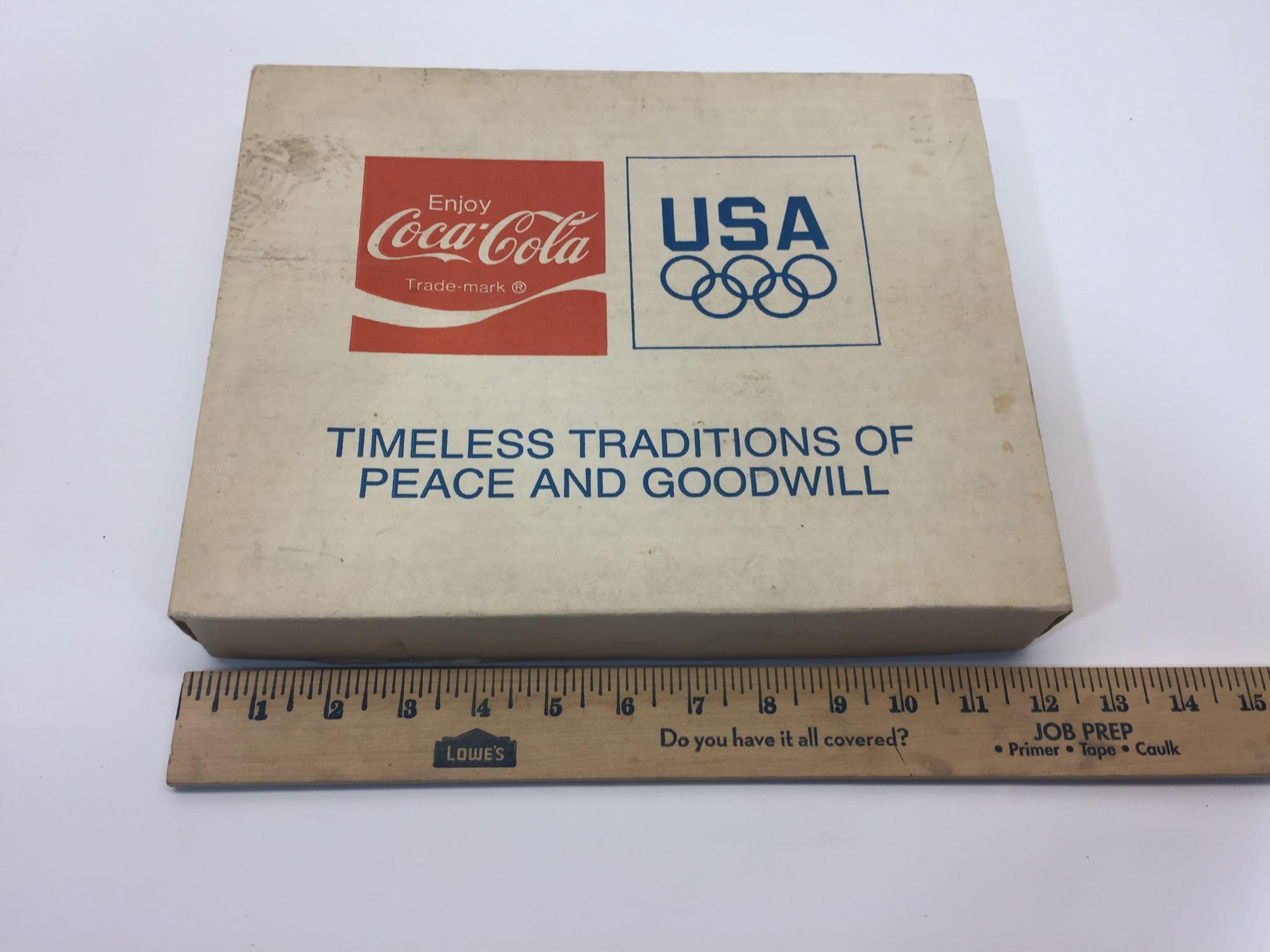 1984 Olympics Coca-Cola Santa Clause Commemorative Pin Set in Original Box 9x12in