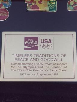 1984 Olympics Coca-Cola Santa Clause Commemorative Pin Set in Original Box 9x12in