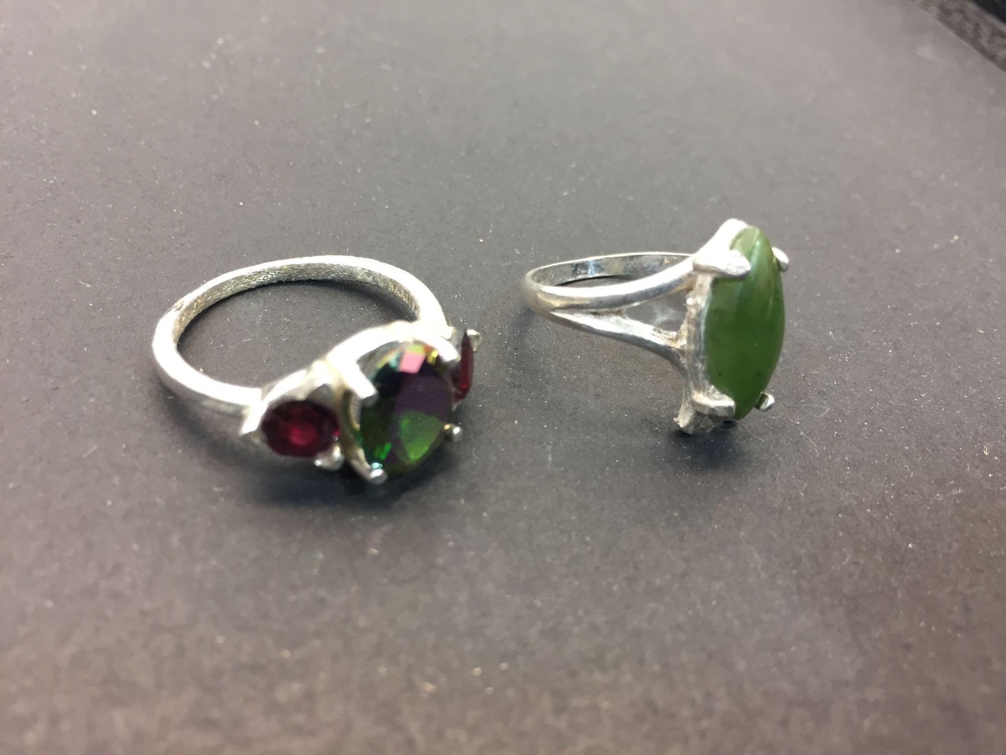 Lot of 2 Silver Rings w/ Green Gemstones